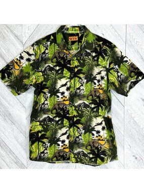 Run & Fly Dinosaur Allover Print Short Sleeve Button Up Shirt Jurassic Mens XL